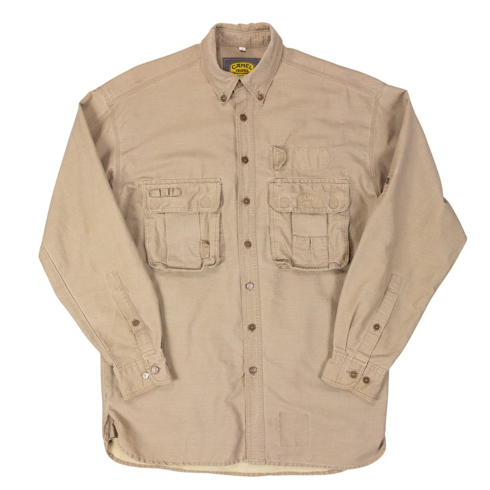 Camel Trophy Vintage 90s Utility Shirt Mens S Tan Cotton Cargo Gorpcore Safari